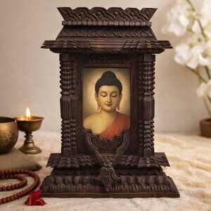 Vintage Hand Carved Nepalese Ankhi Jhyal Wooden 10" Photo Frame Set of 2 Newari